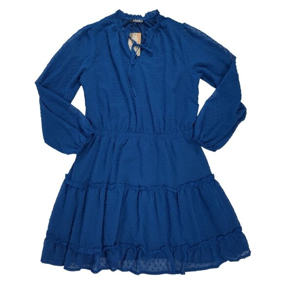 Btfbm Blue Swiss Dot Long Sleeve Ruffle Tiered Mini Dress XL Womens, NWT. - Picture 1 of 8